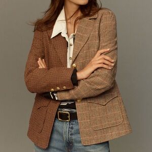 Avec Les Filles Mixed Brown Plaid & Houndstooth Blazer